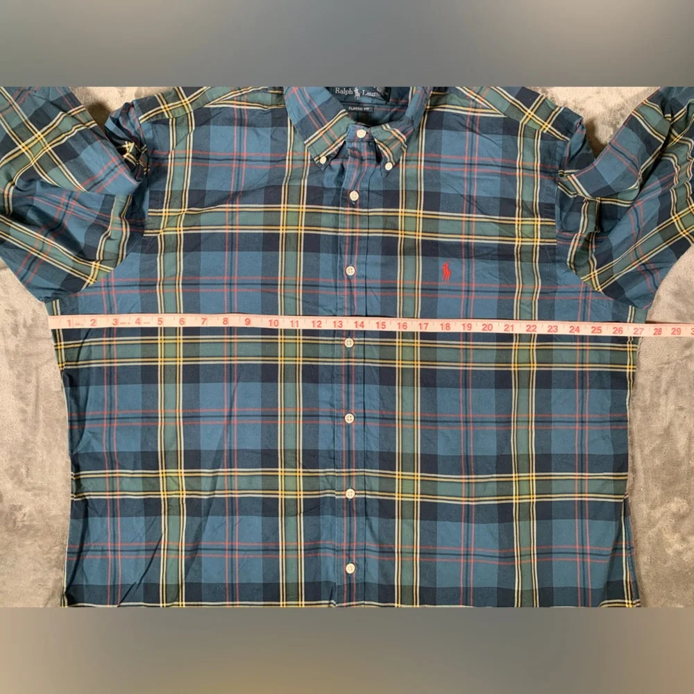 Ralph Lauren Button Down Shirt Mens‎ XXL Blue Green Plaid Classic Fit